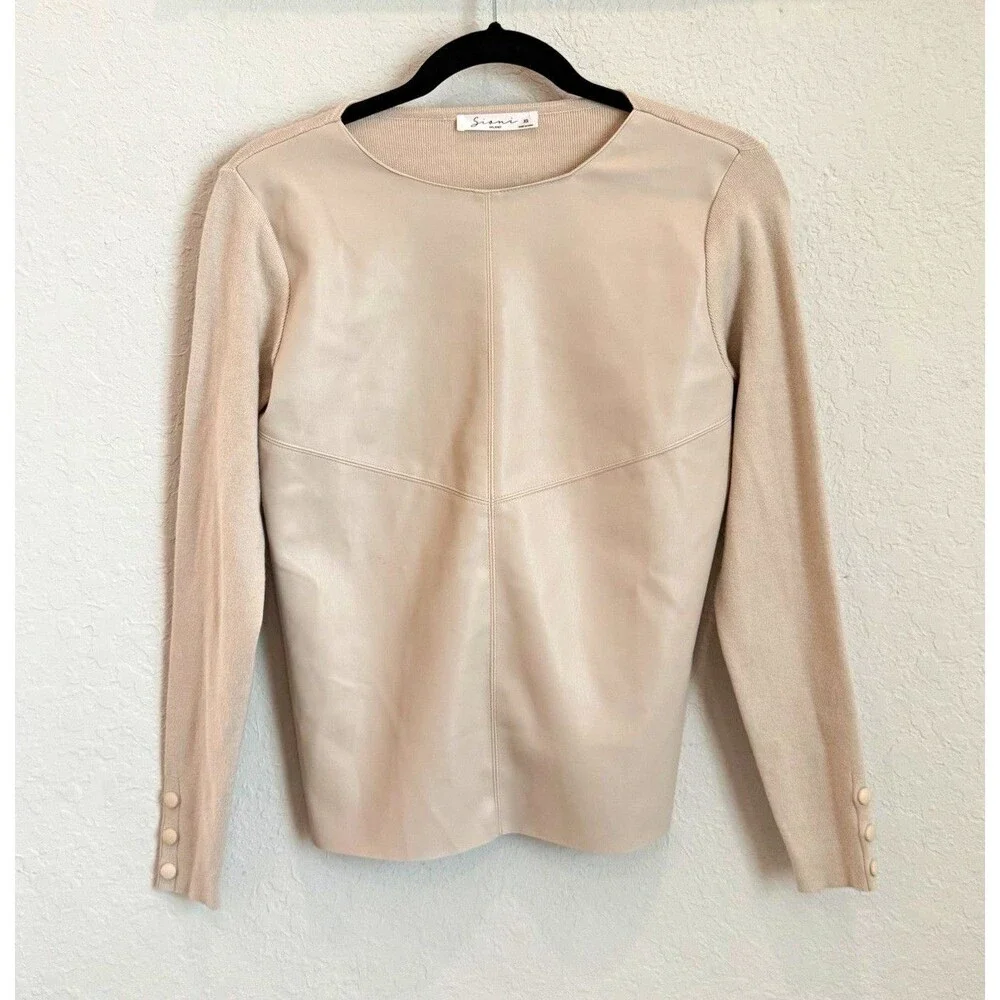 Sioni Women’s Beige Solid Knit Pullover Sweater Round Neck Button Cuff XS
